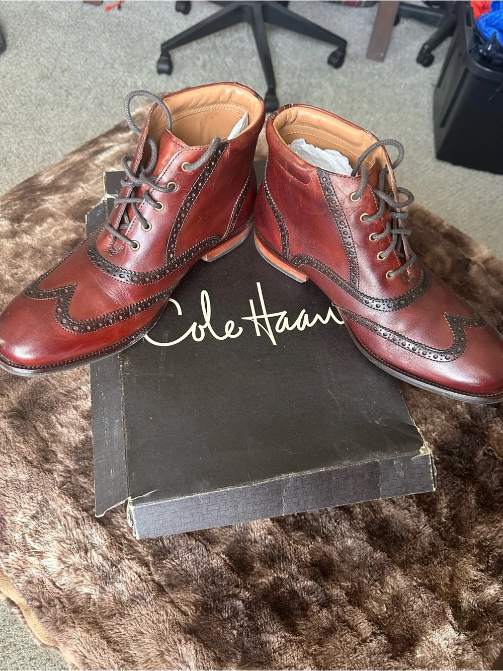 🔥Cole Haan Men's Brown Leather Wingtip Boots - Classic Dress Lace-Up